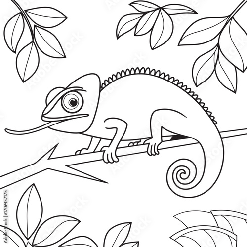 Happy Chameleon with a Long Tongue on a Branch Coloring Page