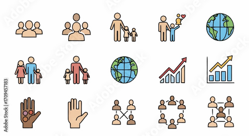 Conceptual icons illustrating societal dynamics, global community, family units, population growth, and human connection for business infographics