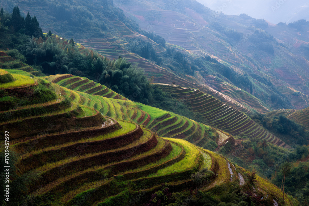Fototapeta premium Stunning landscape of cascading terraced rice paddies on a mountainside, showcasing the beauty of Asian agriculture and rural scenery