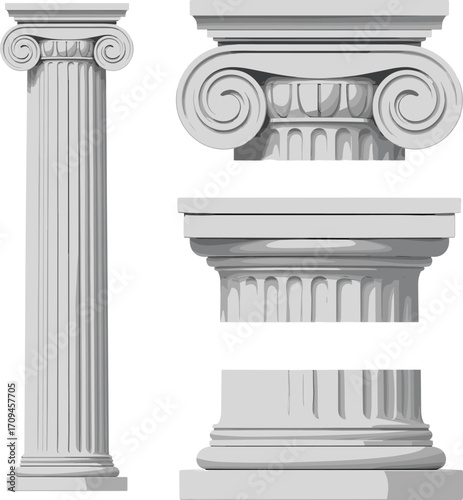 Classical Ionic and Doric columns, fluted shafts, ornate volute capitals, plain echinus capitals, ancient Greek Roman architecture, heritage design, architectural elements, stone structure