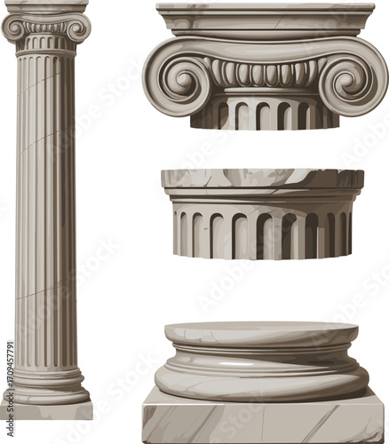 Classical Ionic column architecture, fluted shaft, ornate volute capital, rounded base, ancient Greek design, Roman style, architectural elements, historical structure, heritage art