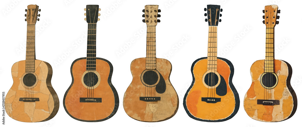 Fototapeta premium PNG Vintage acoustic guitars collection, element set on transparent background