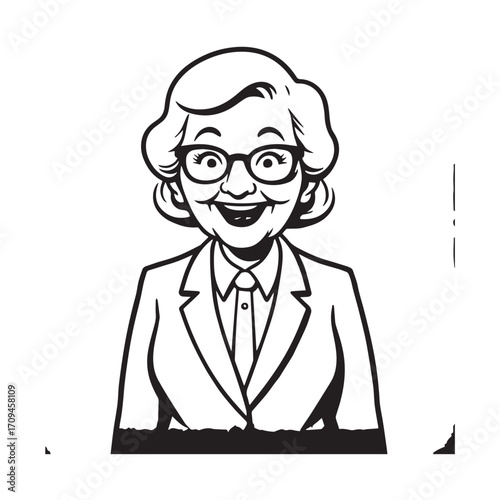 Old woman in formal clothes black and white vector illustration simple minimalist portrait design