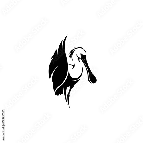 Elegant black and white spoonbill logo design soaring with grace for nature brand identity