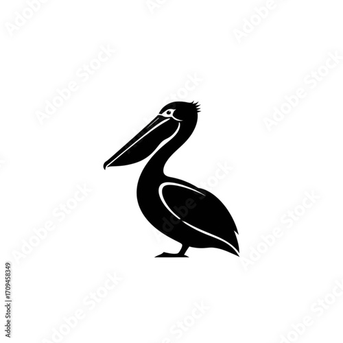 Elegant black silhouette of a pelican standing proudly, perfect for logos and designs, scalable art