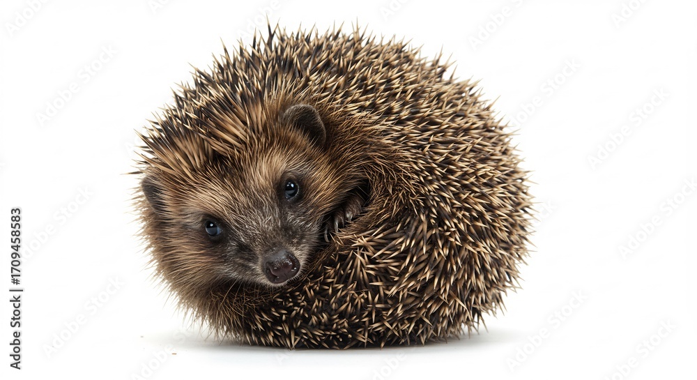 Obraz premium 丸まる可愛いハリネズミ 白背景 ソフトな光. AI Generated