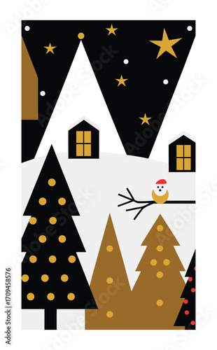 Cozy Christmas village illustration with decorated trees, joyful Santa, wrapped gifts, snowy rooftops, cheerful bird, and glowing stars filling the frosty evening sky