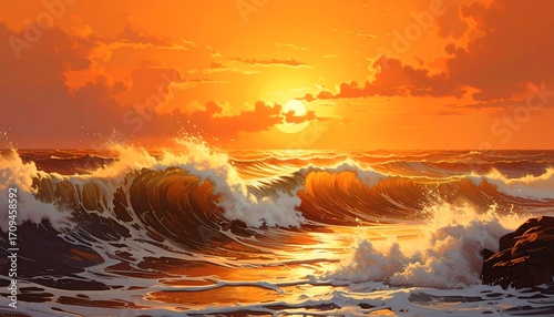 Fiery Sunset Over a Majestic Ocean