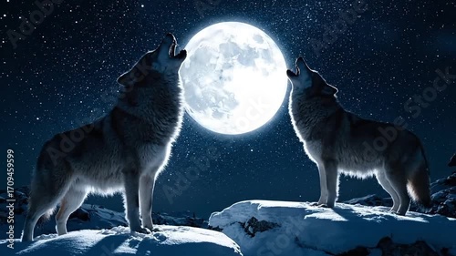Majestic wolves stand under a brilliant full moon and starry night sky in a winter landscape.