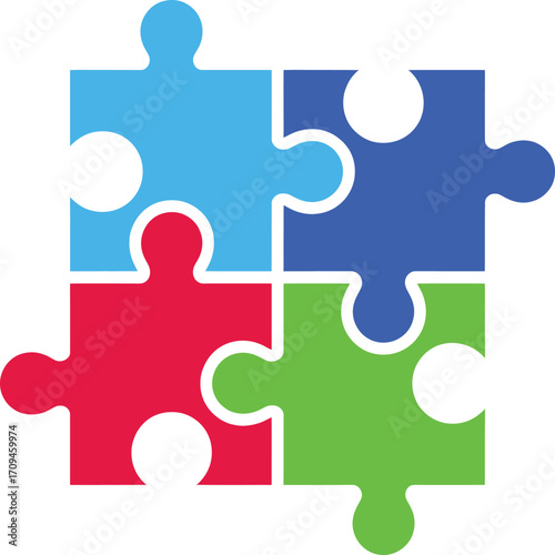 Colorful jigsaw puzzle pieces isolated on white background, representing teamwork