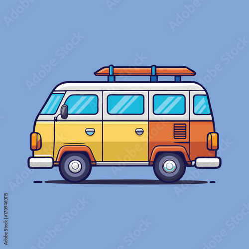 Yellow camper van side view retro cartoon vector illustration,Generative Ai