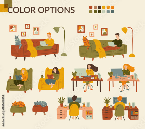 cartoon animal icons set  A “Color Options” page showing different room setups with various color schemes, in a warm, illustrative style