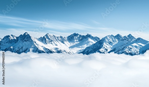 Wallpaper Mural Beautiful snow-covered mountains in the Alps seen from above clouds with peaks visible through fluffy white clouds creating epic breathtaking panorama against clear blue sky Torontodigital.ca