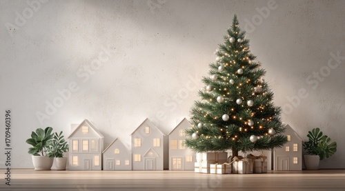 White Christmas scene with miniature houses