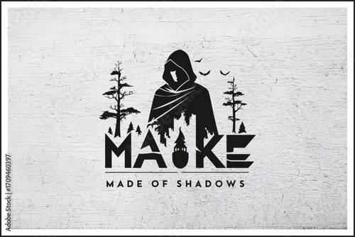 Hooded Phantom Under the Pines,
Camping in the Land of Shadows,
Dark Wilderness Adventure Logo,
Forest Guardian of the Night