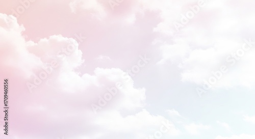 優しいパステル色の空 ふわふわ雲が漂う穏やかな景色. AI Generated