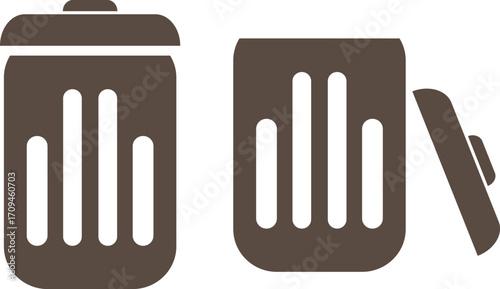 Trash cans, open and closed, white background, line art illustration, waste disposal icon