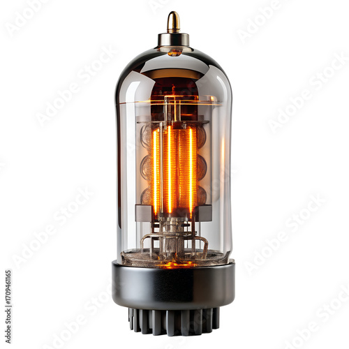 A glowing vacuum tube with an orange filament, isolated on a transparent background, representing vintage electronics, audio equipment, and retro technology