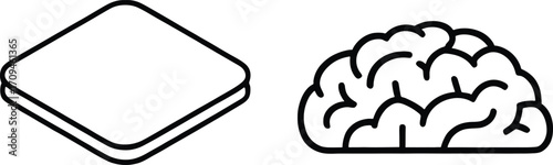 Data chip and brain, white background, line art style, concept for AI and technology