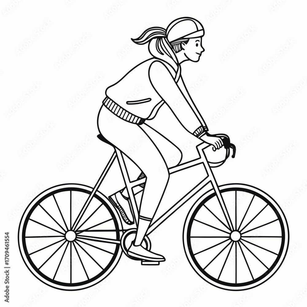 Obraz premium Cycling Woman Riding Bicycle Line Drawing Vector Illustration
