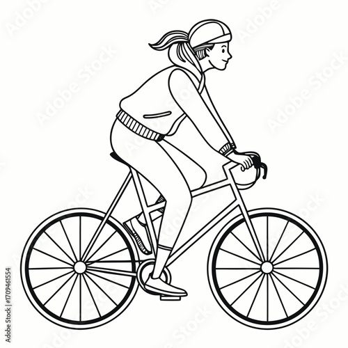 Cycling Woman Riding Bicycle Line Drawing Vector Illustration