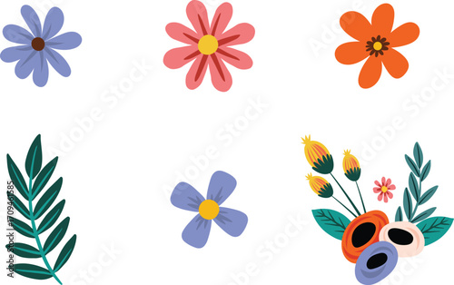 Floral elements with vibrant colors, white background, flat vector illustration, design elements for spring and summer