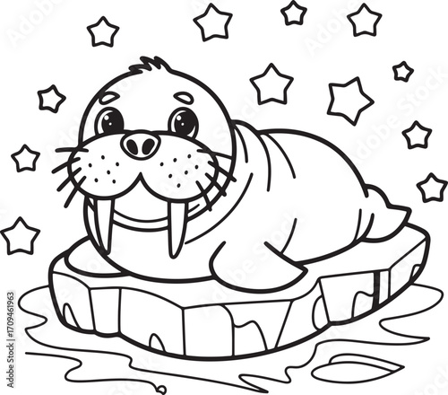 Adorable Cartoon Walrus Lying on an Ice Floe - Fun and Simple Coloring Page