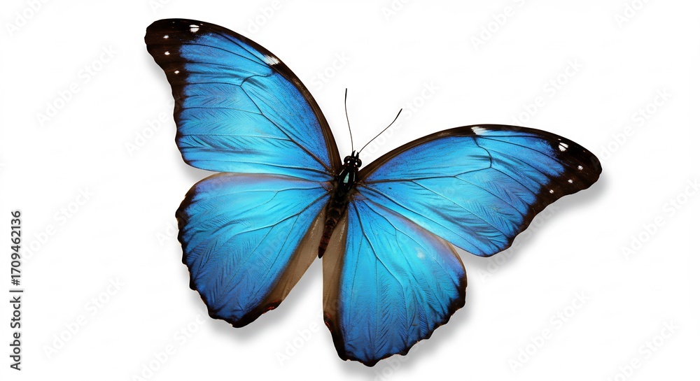 Fototapeta premium 鮮やか青色蝶 美しい羽根 優雅に舞う 白背景 (Azayaka aoiro cho utsukushii hane yuugani mau shiro haikei) This translates roughly to: Vivid blue butterfly beautiful wings gracefully dancing white background. AI Generated