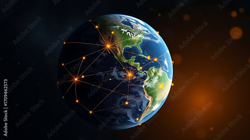 Naklejka premium Satellite view of Earth with golden connection points, abstract digital networks against deep space.