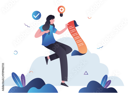 Commercial financial vector graphics A woman holding a scroll, with a checkmark and light bulb icon above, set against a cloudy background