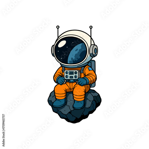 Cute Astronaut Sitting on Asteroid Illustration