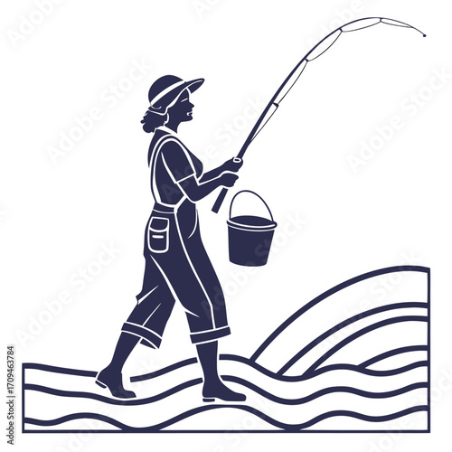 Female fishing vector illustration, woman angler holding fishing rod outdoor leisure activity