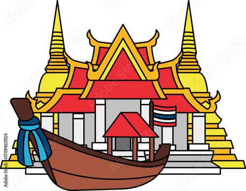 Photography Long tail boat in front of the temple