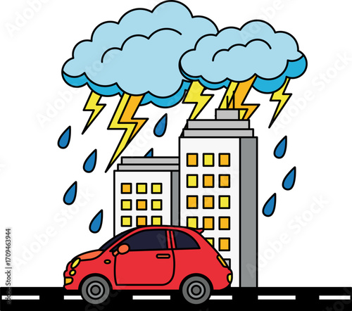 The car is driving in the city when it's raining