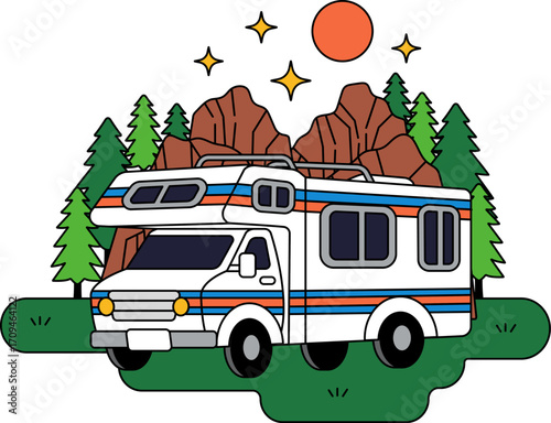 A camper van is parked in a valley