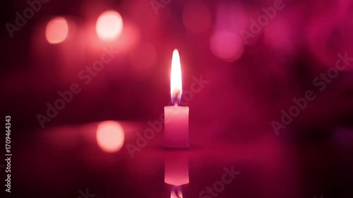 Solemn candle flame flickers softly in darkness, casting warm, inviting bokeh light reflections.