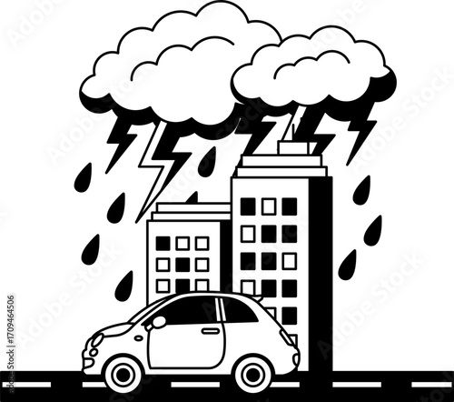 black and white car is driving in the city when it's raining