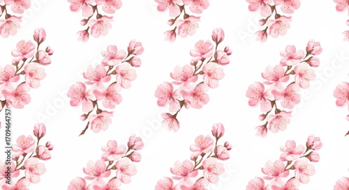 Watercolor Cherry Blossom Branch Pattern on White Background.