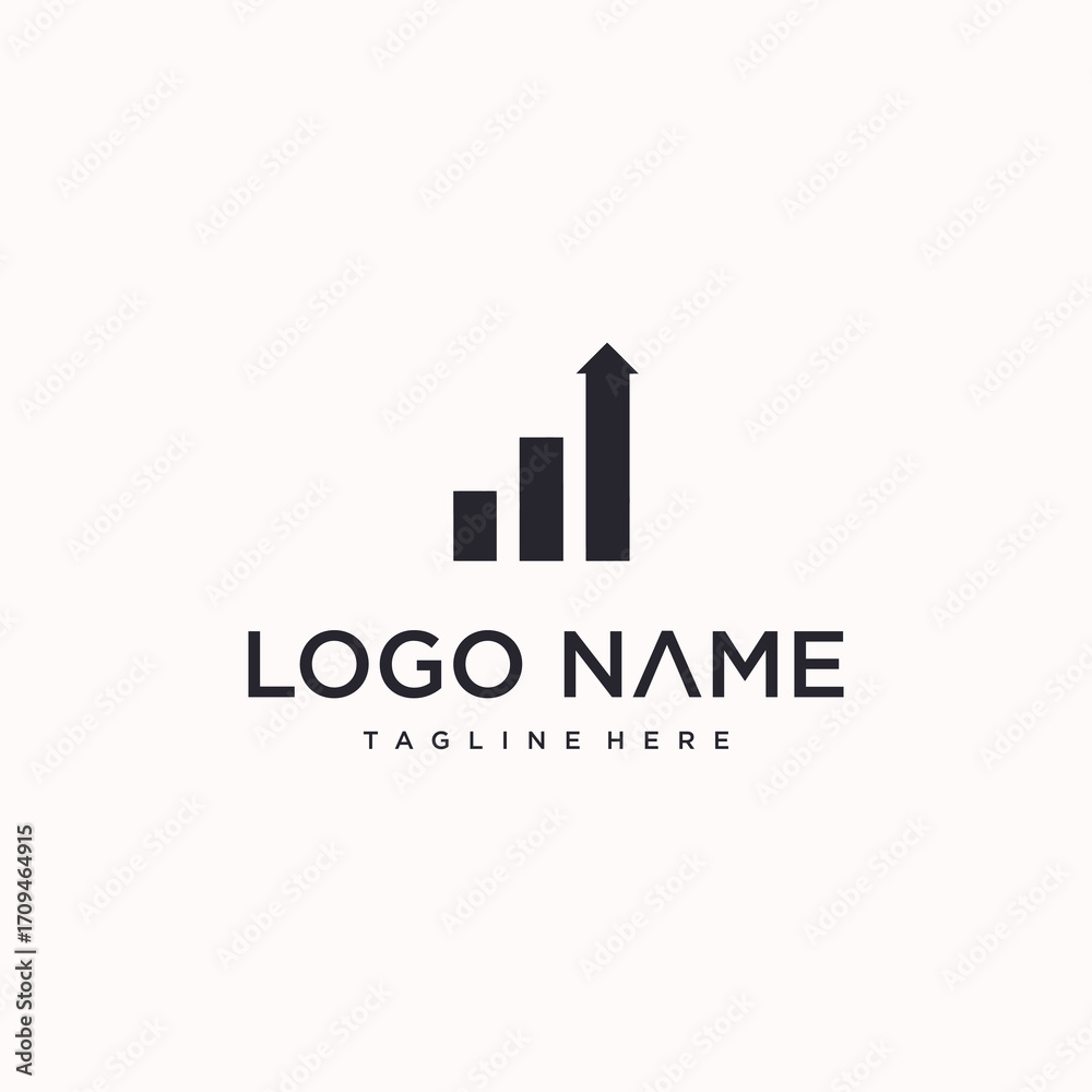 Fototapeta premium A minimalist black and white logo featuring an upward trending bar graph with an arrow on top, symbolizing growth and success. 