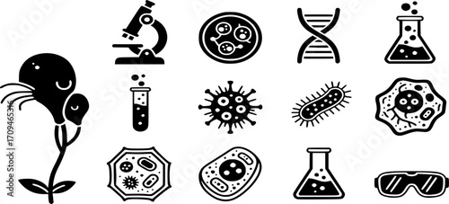 Microbiology Solid Icons Vector Set - Science, Cells, Virus, Lab Research filled illustration