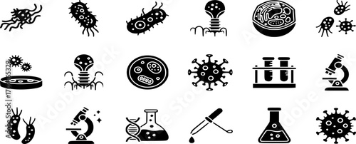 Microbiology Solid Icons Vector Set - Science, Cells, Virus, Lab Research filled illustration
