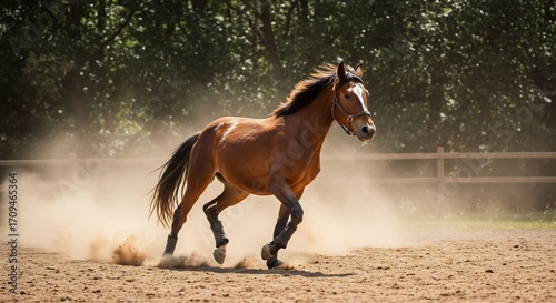 力強く駆ける栗毛の馬 砂煙舞う草原 陽光輝く. AI Generated