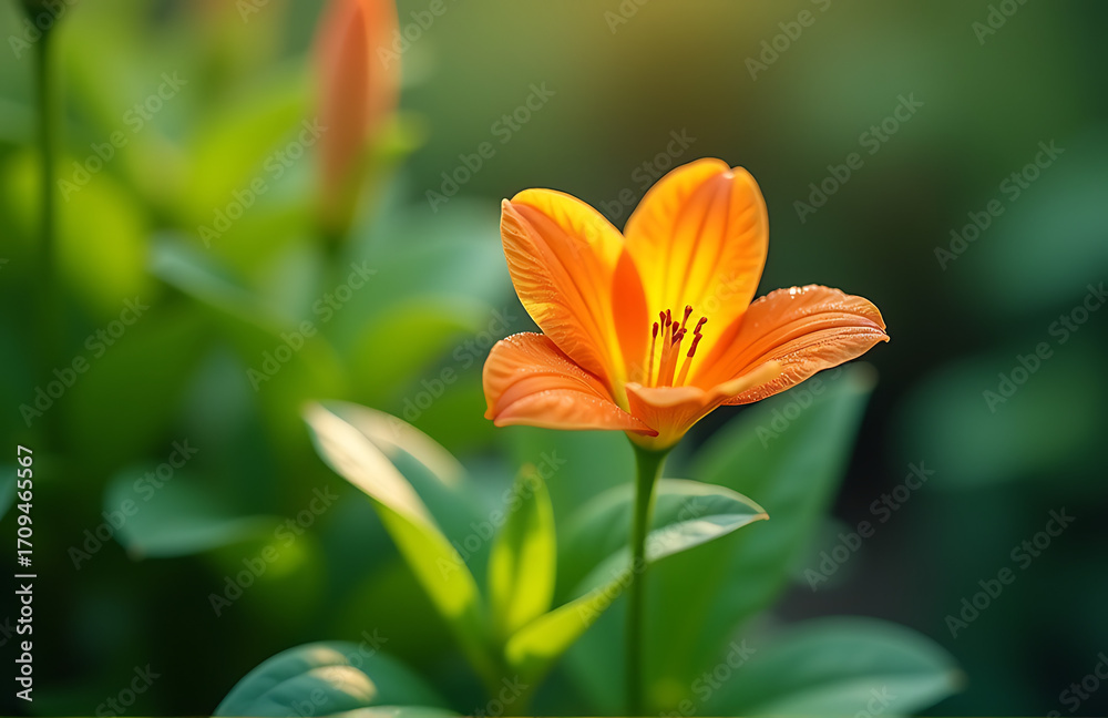 Fototapeta premium delicate flower blooms amidst lush greenery petals glistening soft morning light captured shallow