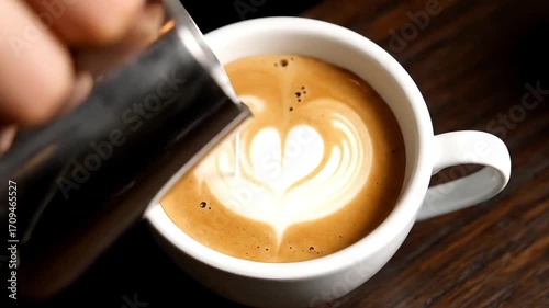 Barista expertly pouring creamy milk into rich espresso creating a beautiful latte art swirl