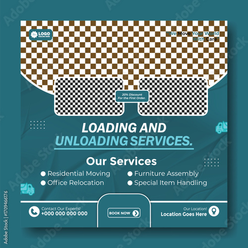 Loading and unloading services social media post template for moving company