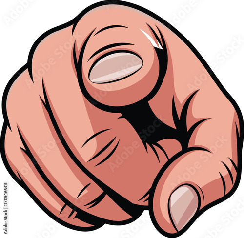 Pointing hand illustration, cartoon style finger gesture, recruitment concept, direct attention sign, bold outline drawing, vintage poster inspired art