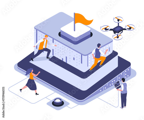 Commercial financial vector graphics A multi - layered building with a flag on top, people working and drones flying, in blue, orange, and gray isometric style