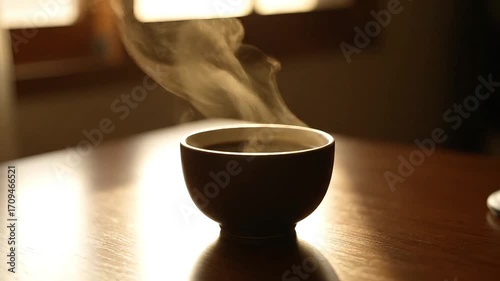 Steaming hot coffee in a ceramic cup on a wooden table, morning light ambiance
