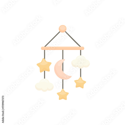 Vector Pastel baby mobile with crescent moon, stars, and clouds hanging. Perfect for nursery decor, baby products, bedtime scenes, and kawaii-themed illustrations.
