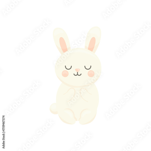 Cute pastel illustration of a sleeping white bunny with closed eyes, rosy cheeks, and soft pink ears. Perfect for nursery decor, baby products, bedtime scenes, and kawaii-themed designs.